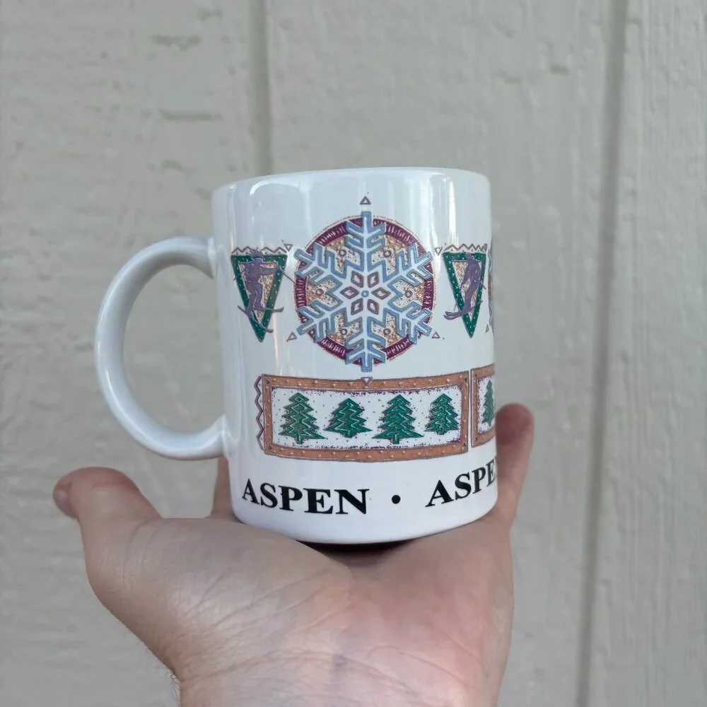 Vintage Aspen Colorado Coffee Mug Multicolor Skiing Winter Outdoor Retro 90s