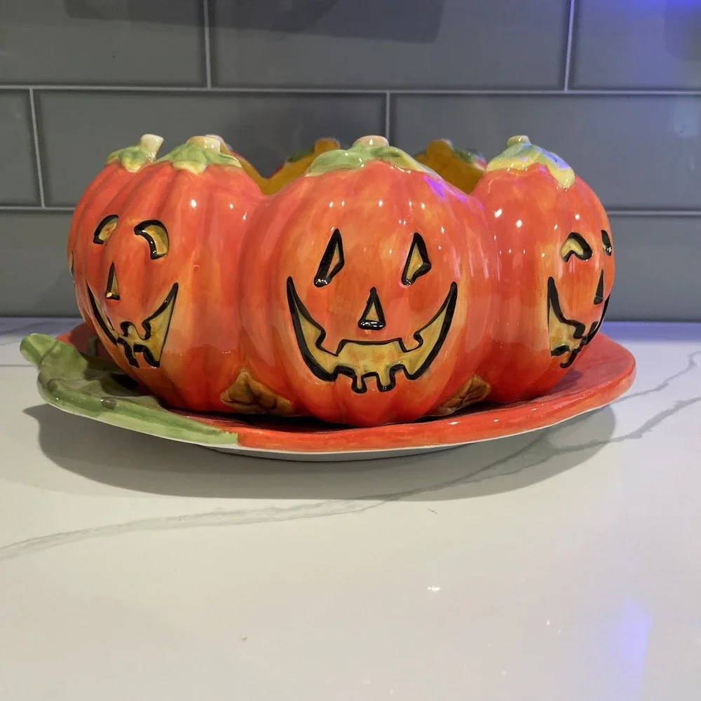Certified International Halloween Pumpkin Cookie Platter & Candy Bowl Set Orange