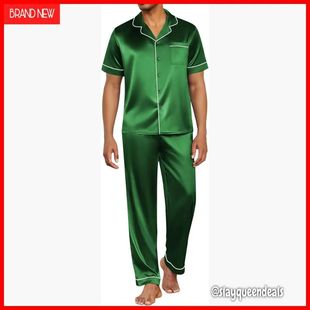 Men's Satin Pajama Set Short Sleeve Button Down Sleepwear Lounge Set Large