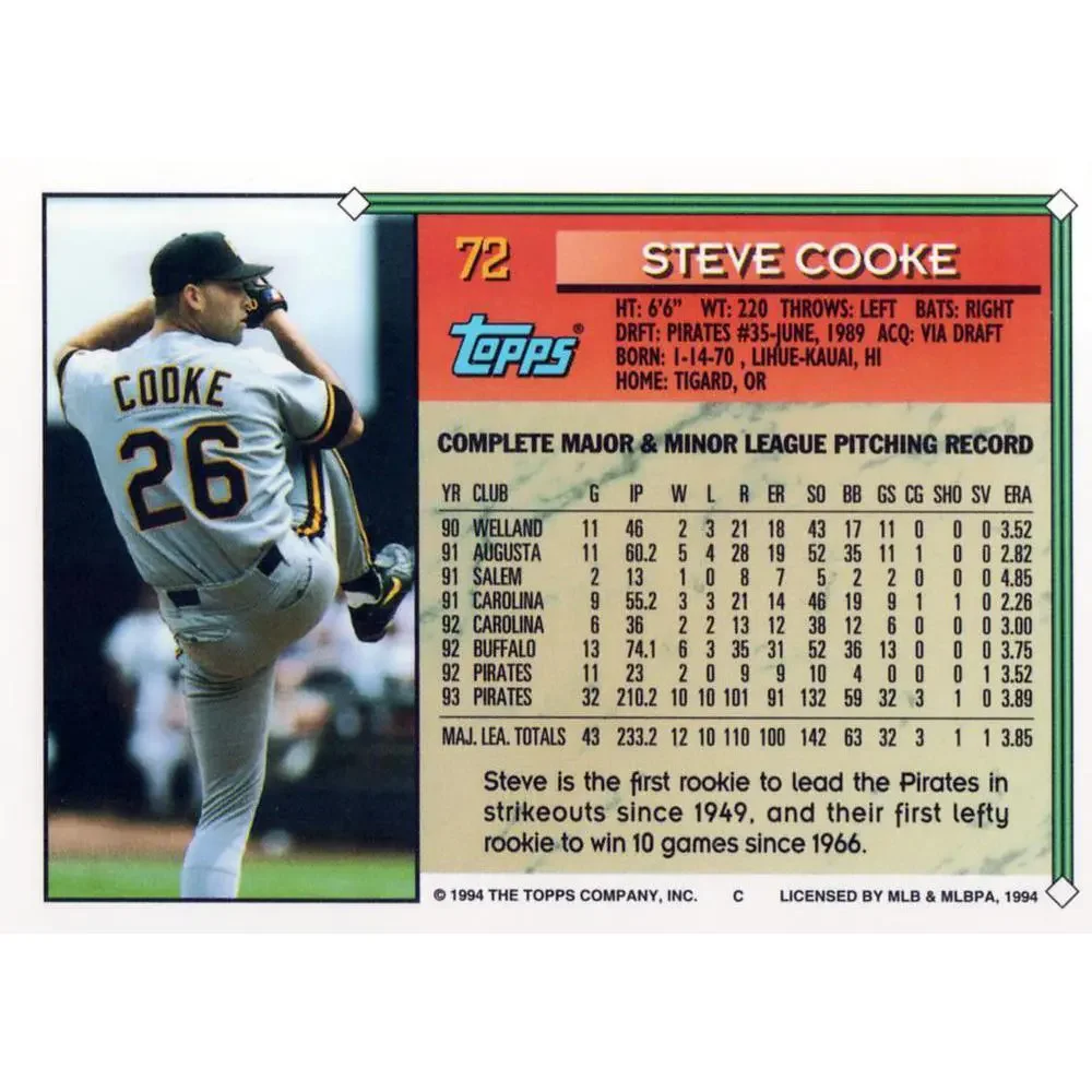 1994 Topps Steve Cooke ASR # 72 Pittsburgh Pirates