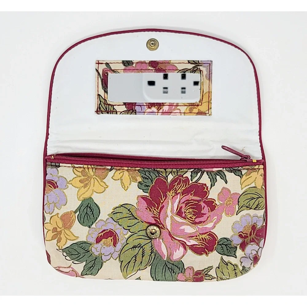 Vintage Gloria Vanderbilt Floral Makeup Bag Women 7in Burgundy Pink Green Pouch