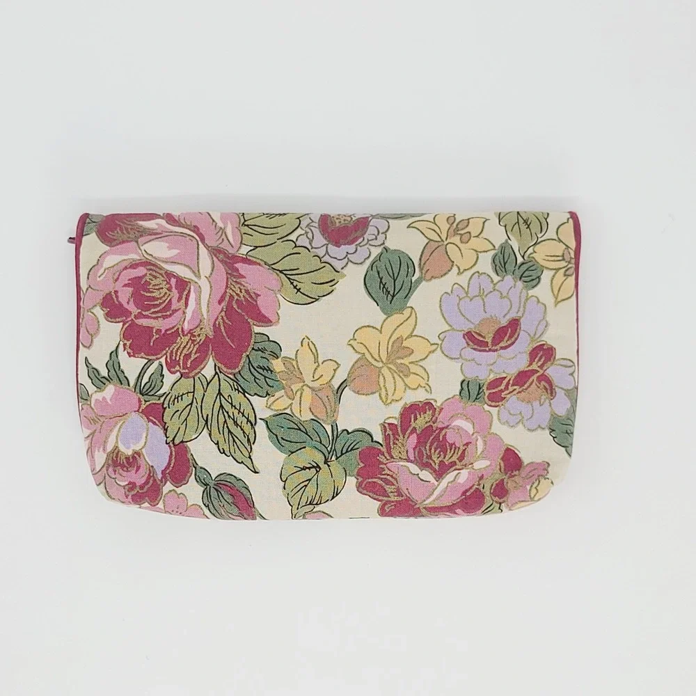 Vintage Gloria Vanderbilt Floral Makeup Bag Women 7in Burgundy Pink Green Pouch