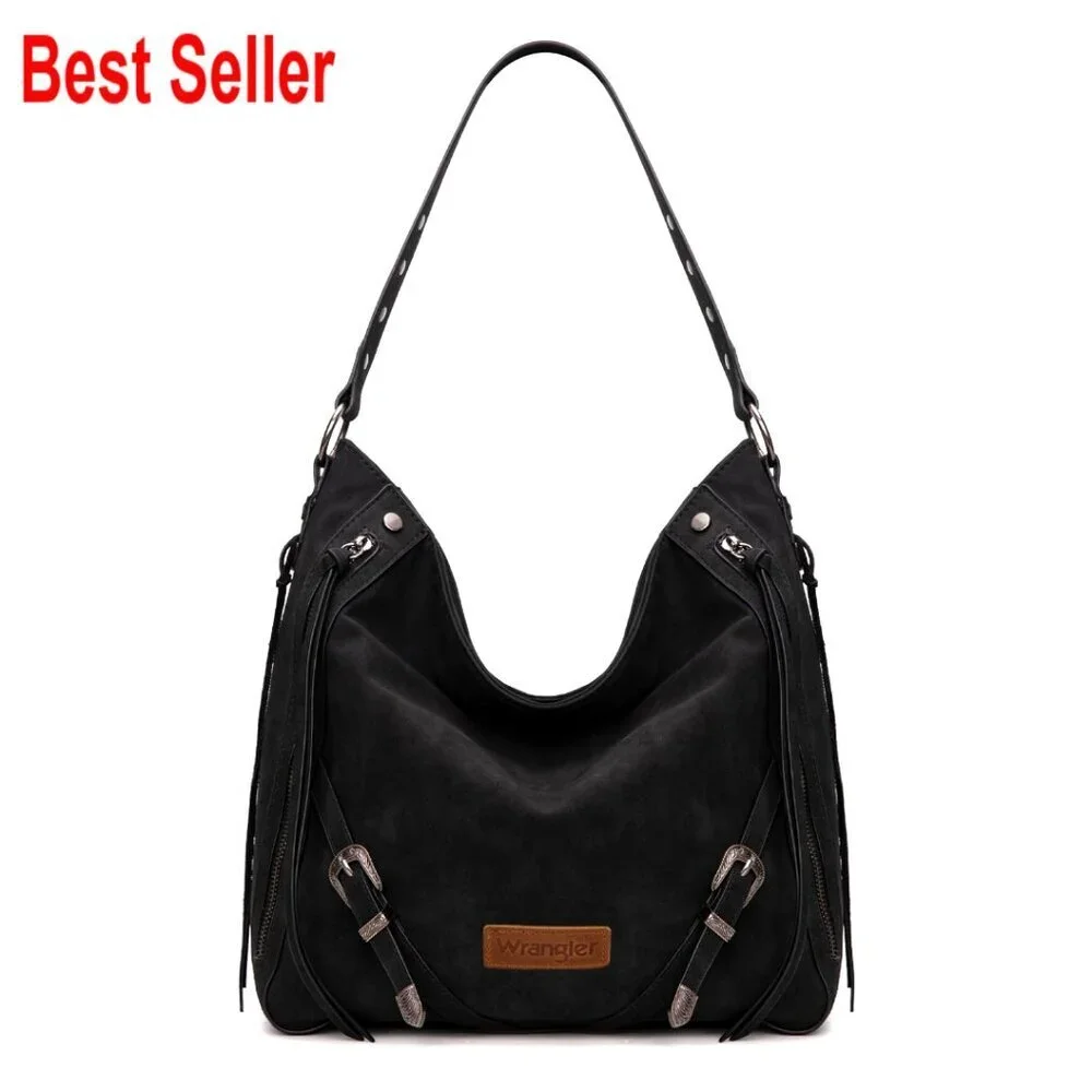 Large Hobo Shoulder Bag with Fringe and Buckle Details Faux Suede