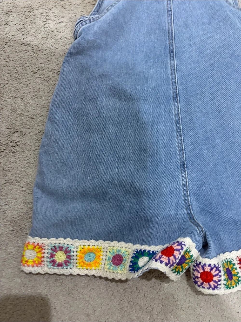Tractr Light Blue Denim Crochet Accent Short Overalls