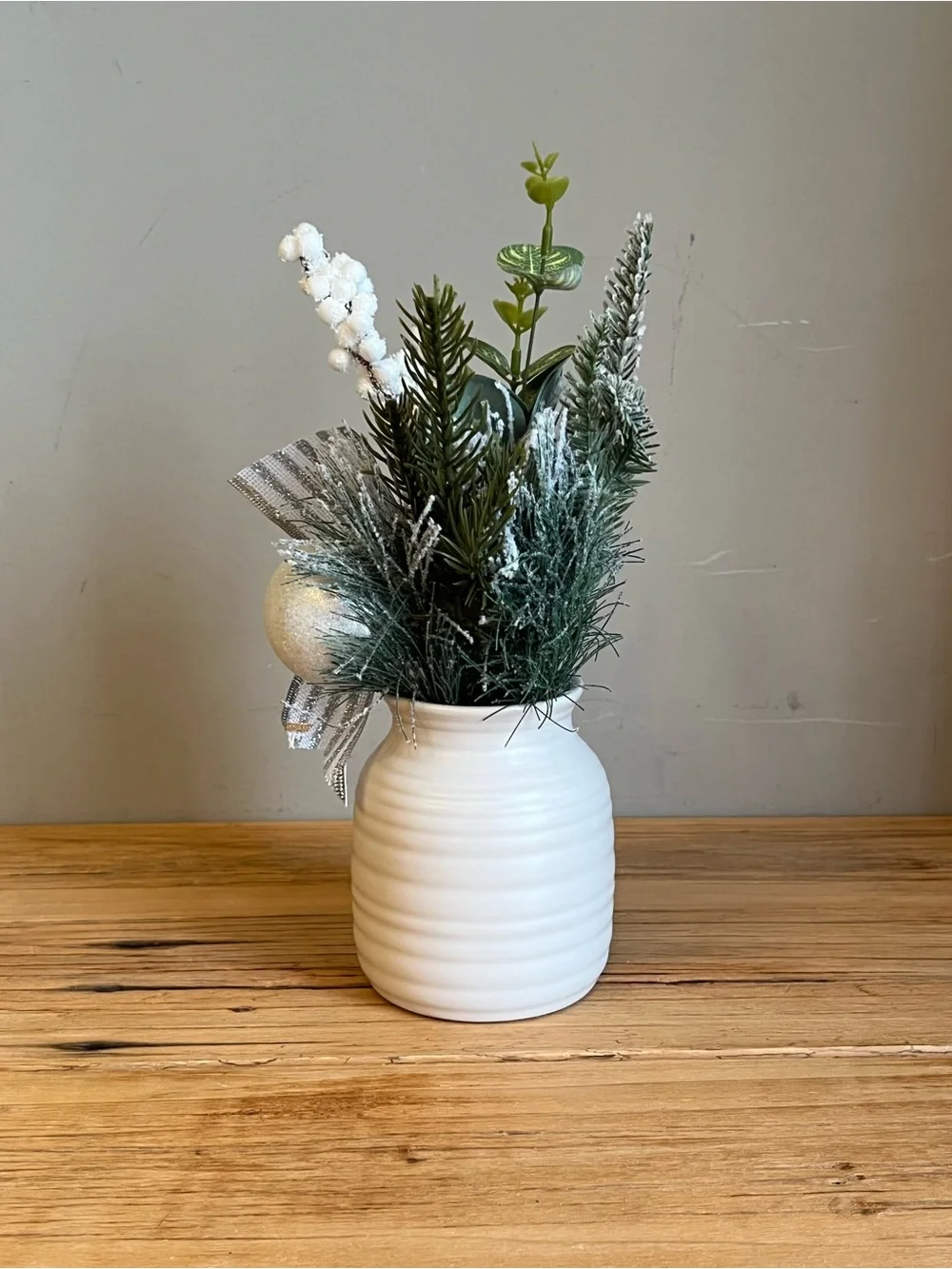 Artificial Holiday Arrangement In Ceramic Cream Color Vase-NWT