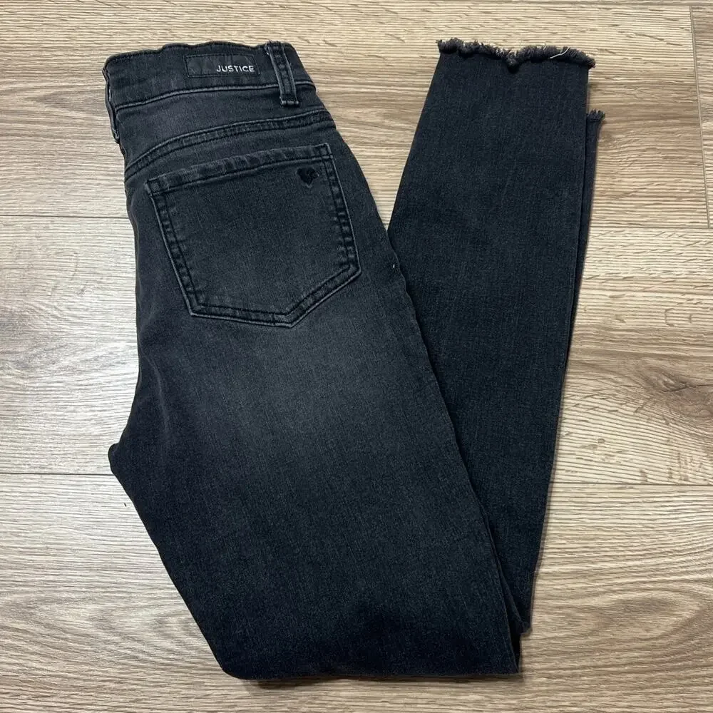 Justice Girl’s Black Washed Distressed Slim Ankle Length Jeans Size 14 (A32)