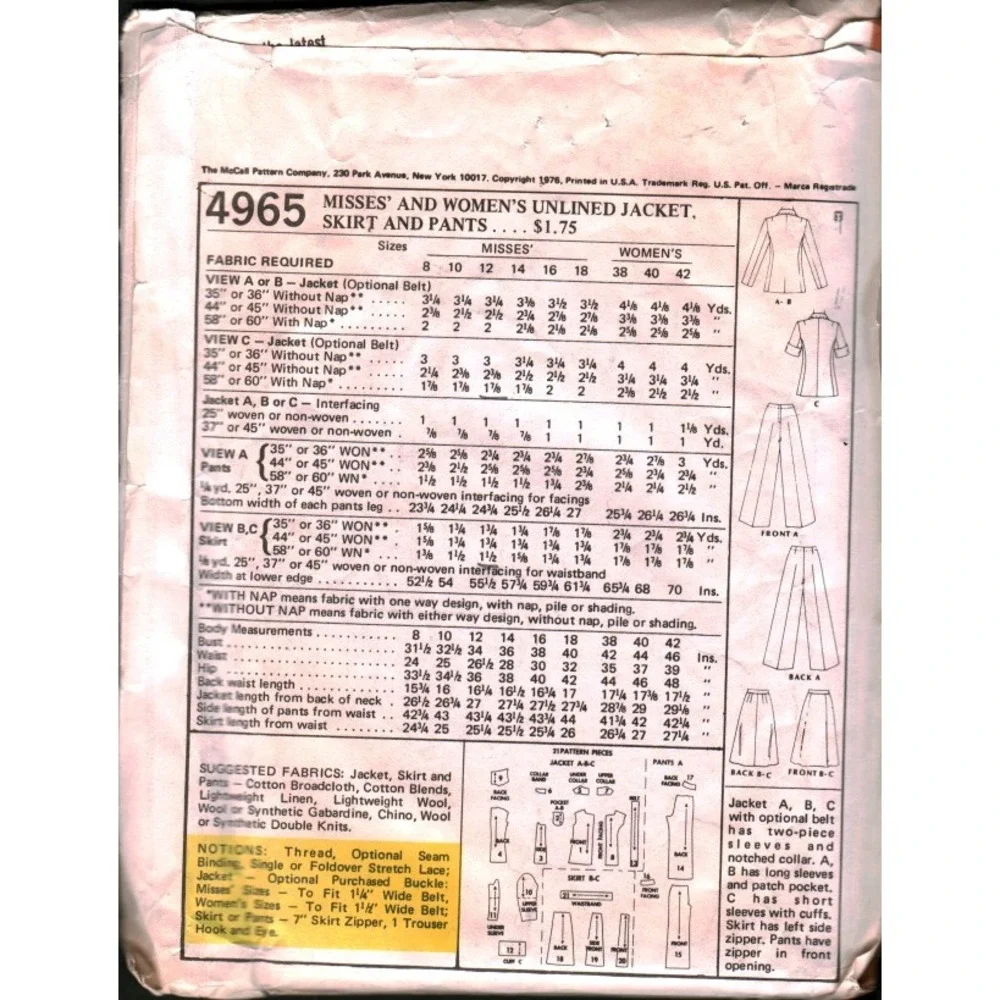 Vintage 1976‎ McCalls 4965 Sewing Pattern Womens Jacket Skirt Pants Size 12 CUT