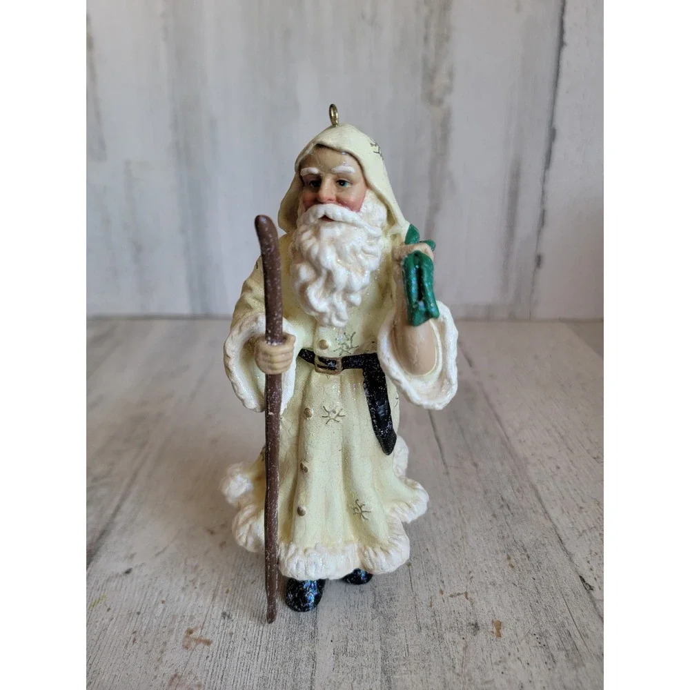 Santa‎ Claus white robe folk art rustic ornament Xmas glitter