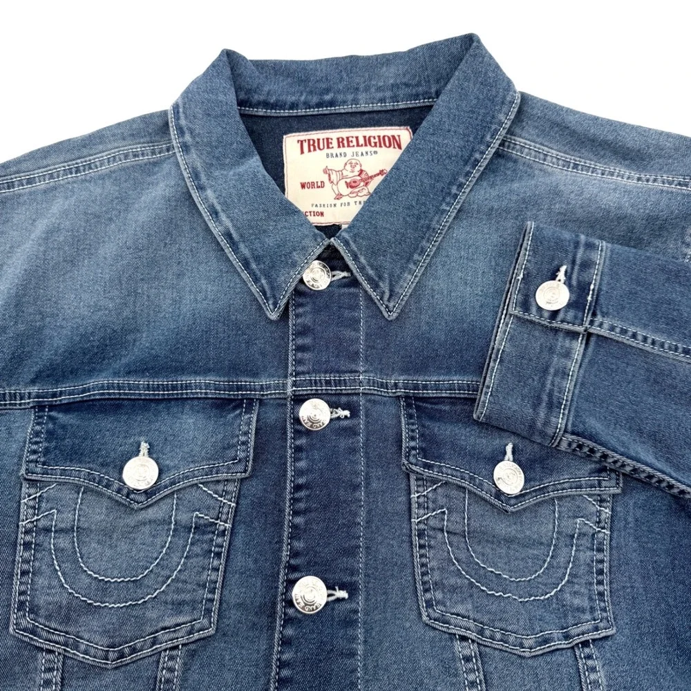 True Religion Denim Trucker Jacket Mens L Blue Excellent Stretch Horseshoe‎ Logo