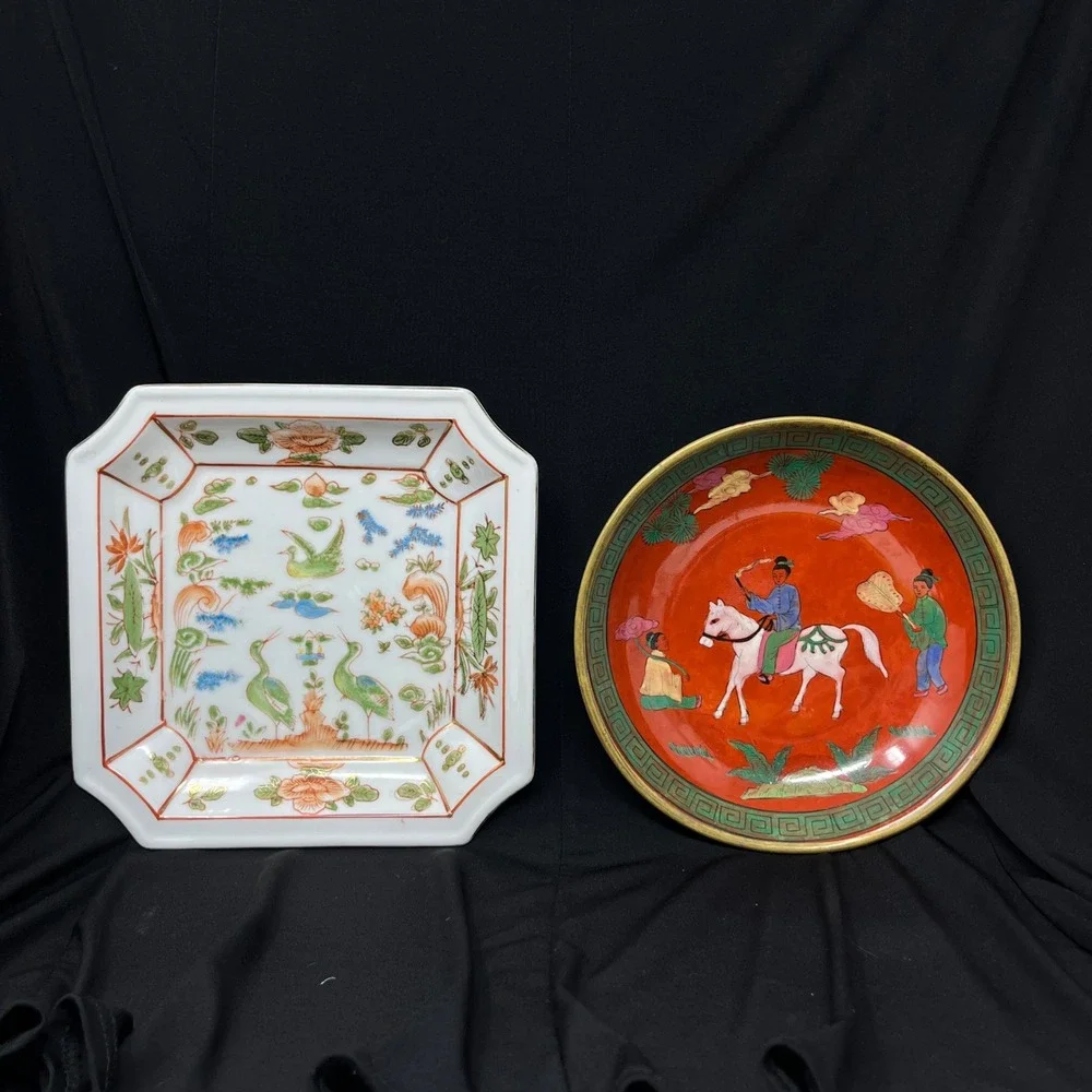 Vintage Hand Painted Porcelain Plate Bowl‎ Set Brass Rim Oriental Asian Horchow