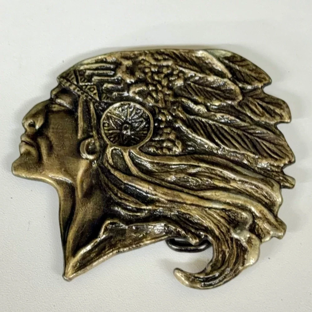 Vintage Native American Chief Headdress Belt Buckle Brass Tone‎ Western Boho