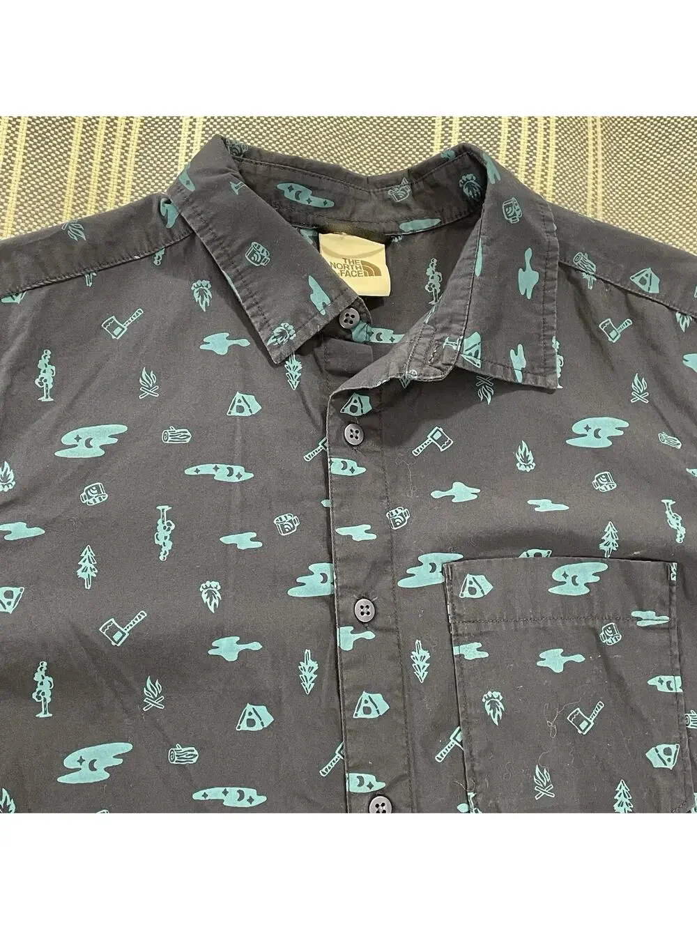 The‎ North Face Short Sleeve Button Up Shirt Men's M Camping Pattern Blue Cotton