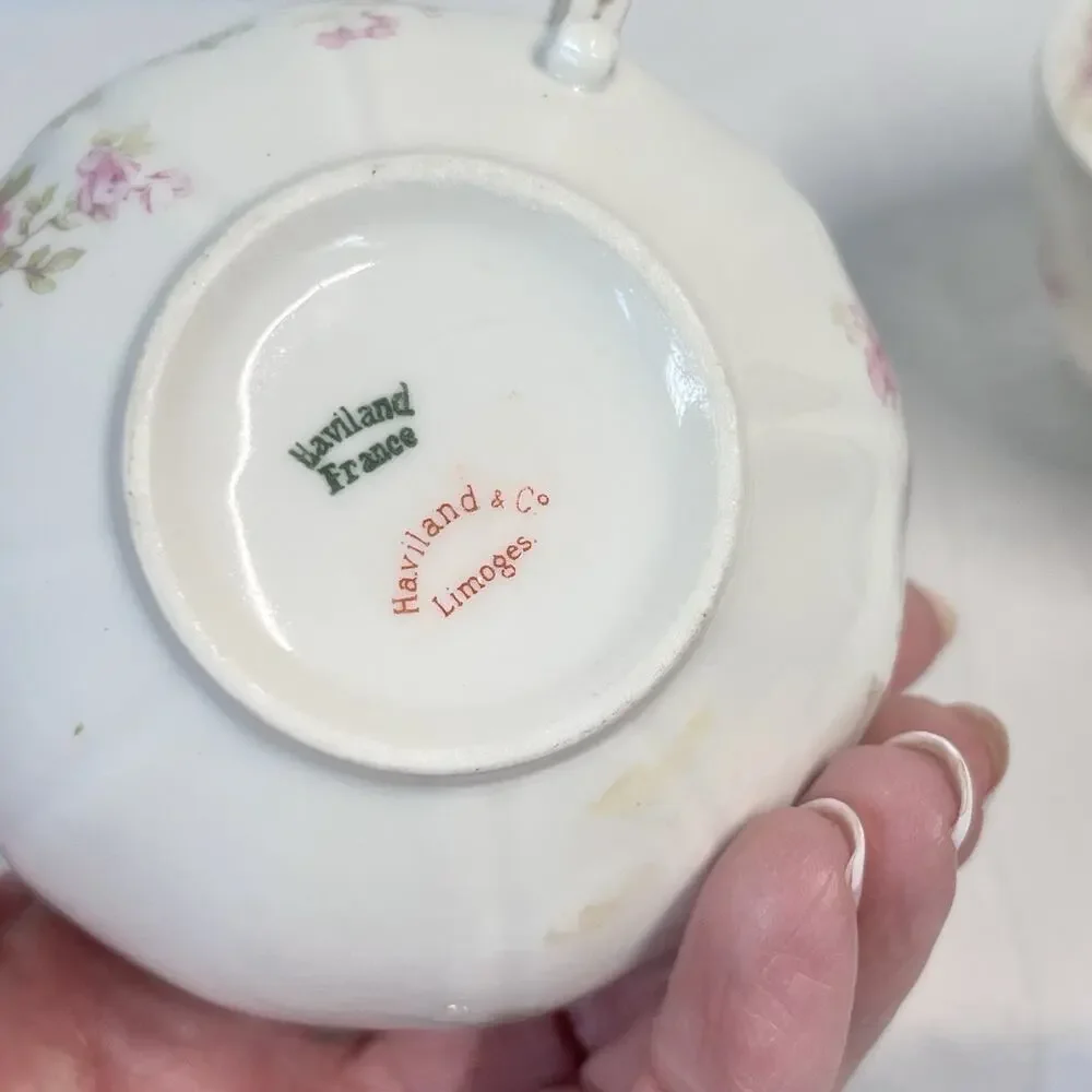 Vintage Haviland France Limoges Set of 2 Tea Cups Gold White Pink Flowers Garden