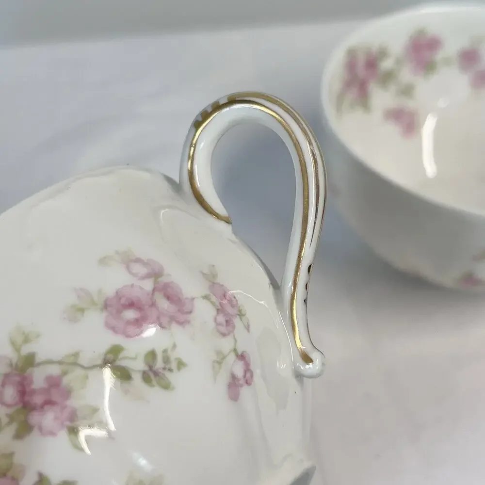 Vintage Haviland France Limoges Set of 2 Tea Cups Gold White Pink Flowers Garden
