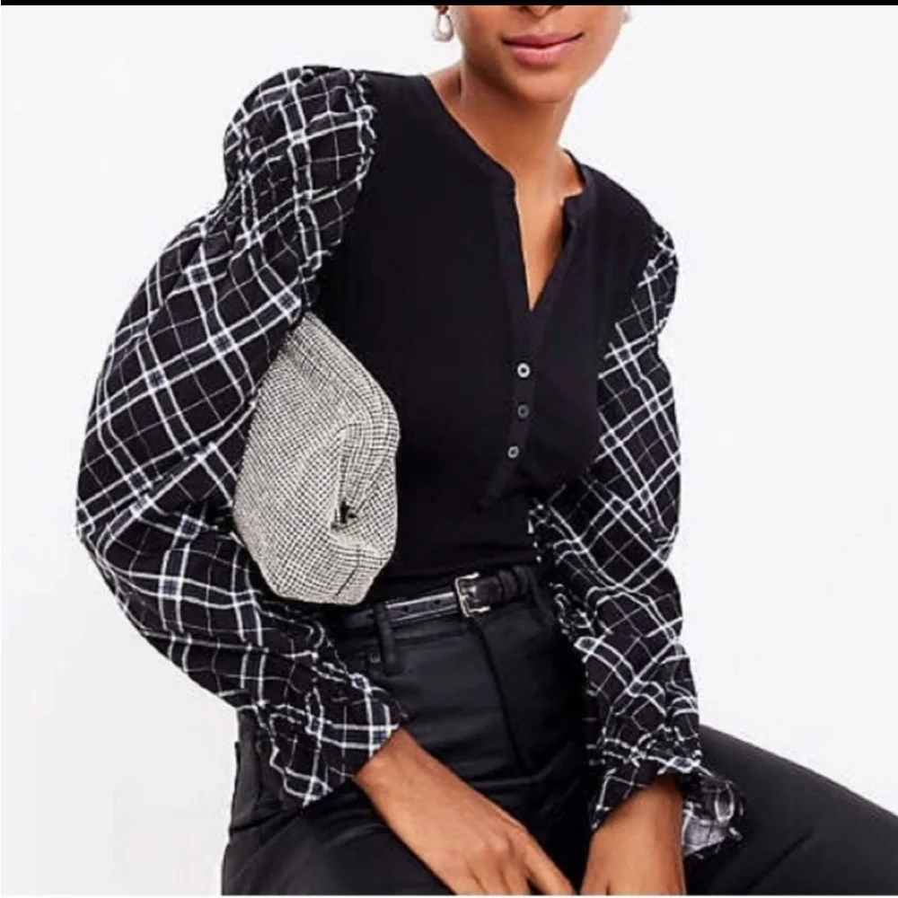 NWT LOFT Mixed-Media Blouse Split-Neck Puff-Sleeve Women’s XL Black Ribbed Plaid