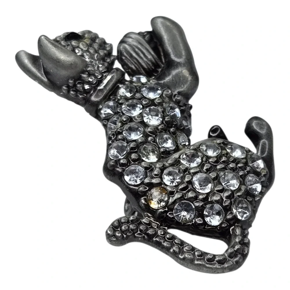 Vintage Cat Brooch Silver Tone Metal Rhinestone Playing with Yarn Pin