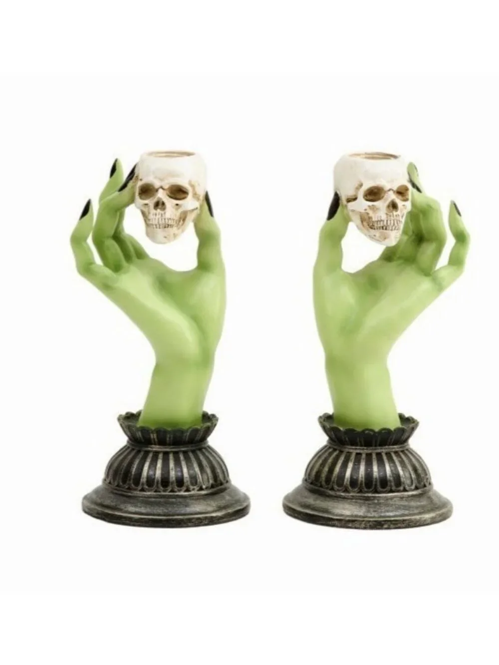 Martha Stewart Halloween Witch Hands Skulls Taper Candle Sticks Pair Holder NIB