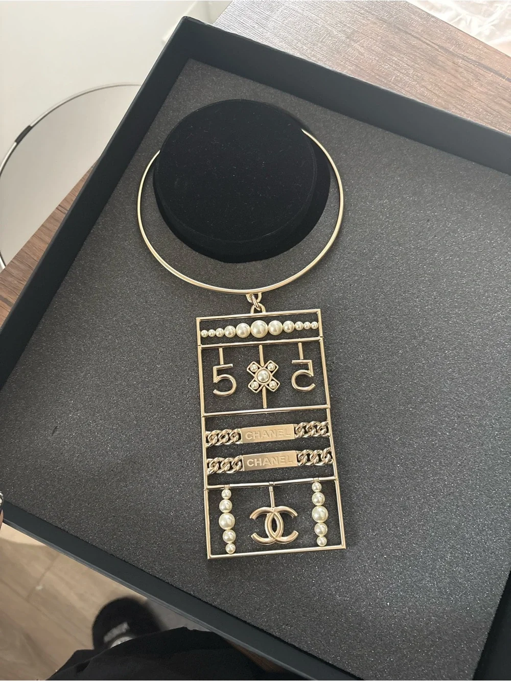 CHANEL Gold-Tone Pearl Grid Pendant Necklace
