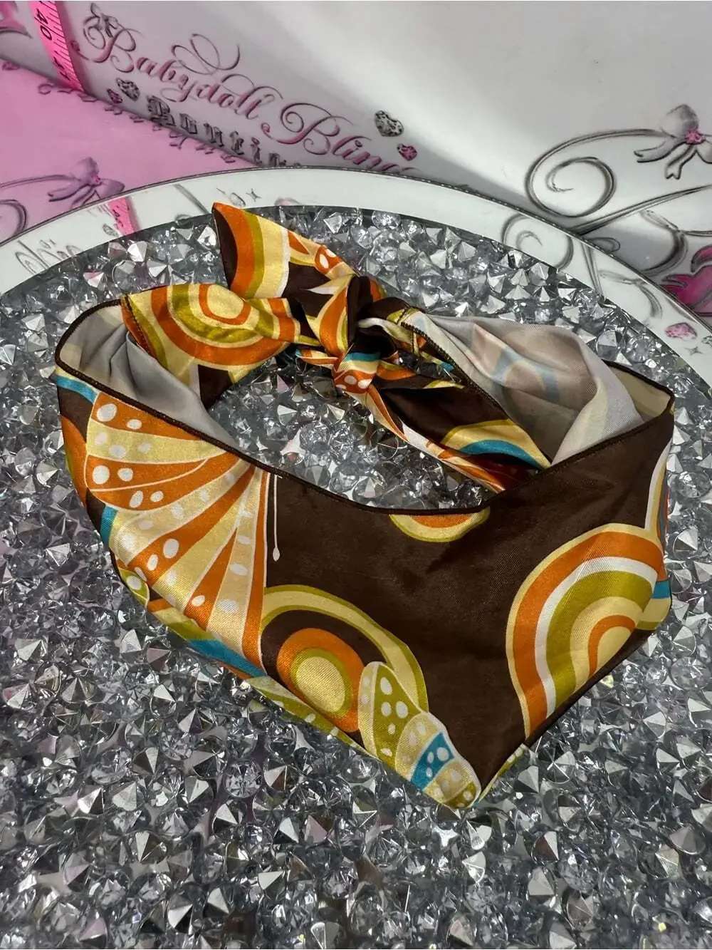 Headband y2k Shiny Printed Headscarf in Brown with Multicolor Butterfly Motif