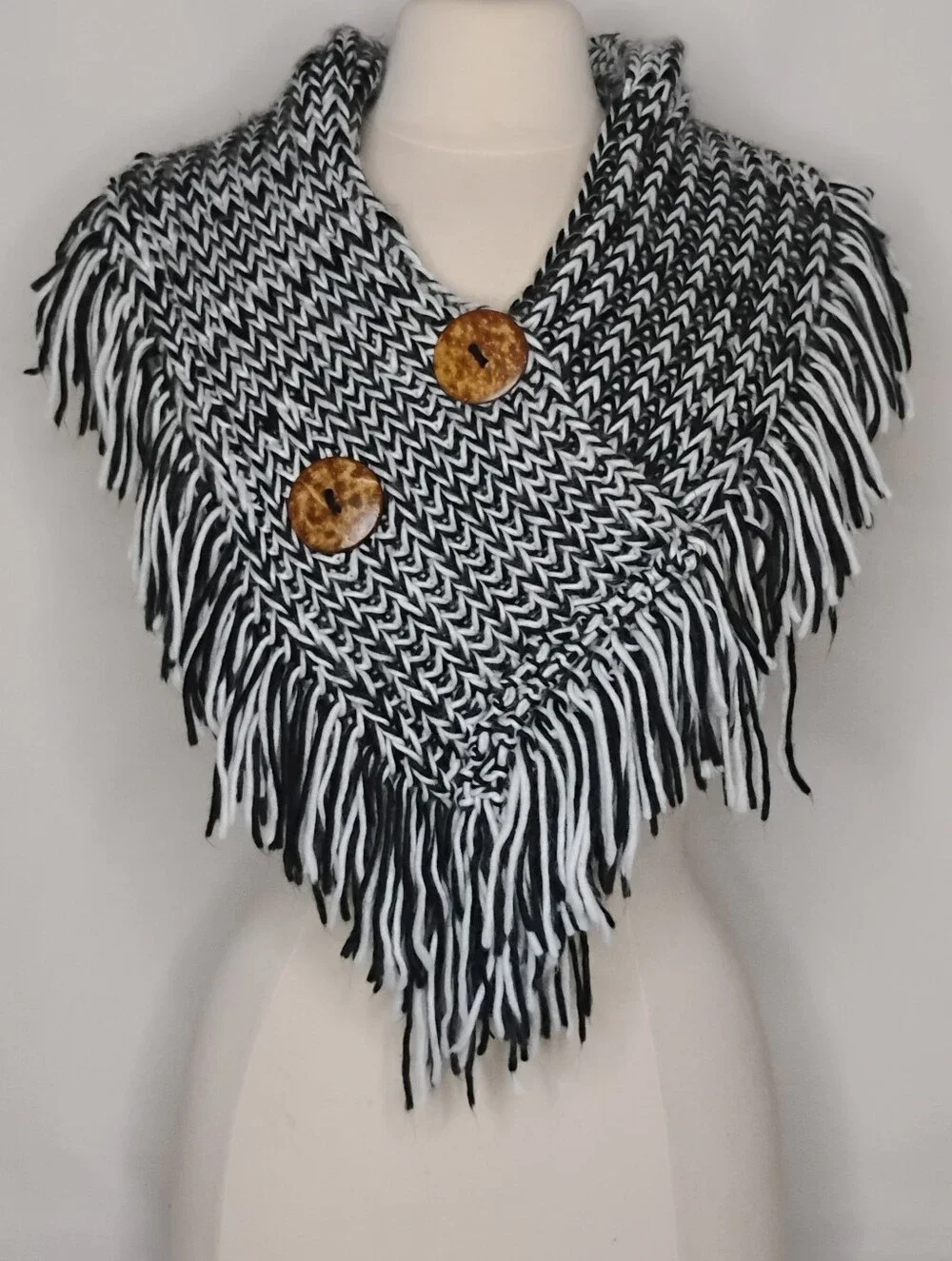 Women's Black & White Fringe Soft Warm Woven Crochet Knit Shawl Wooden Buttons