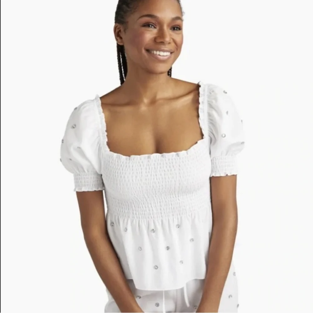 Tuckernuck Hill House Jewel Jammie Top Smocked Puff Sleeve White Size M