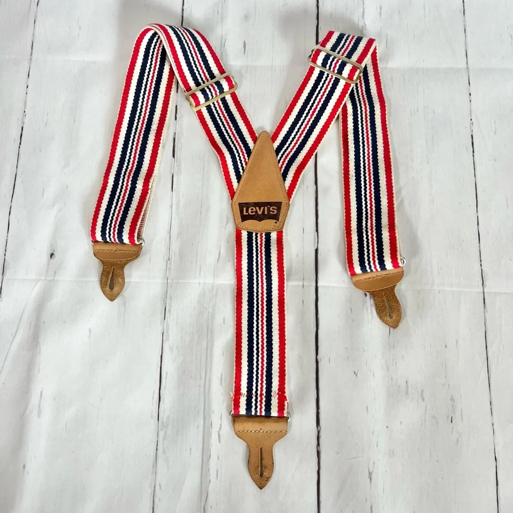 Vintage Levi’s Red White Blue Striped Suspenders Button End Leather Y-Back OS