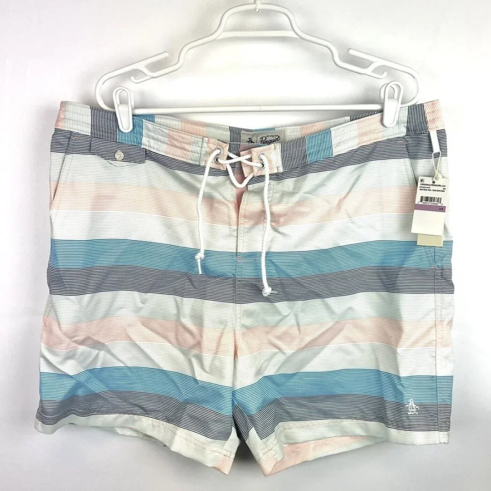 Original Penguin Men’s Striped Blue/White Multicolored Swim Shorts Size 38