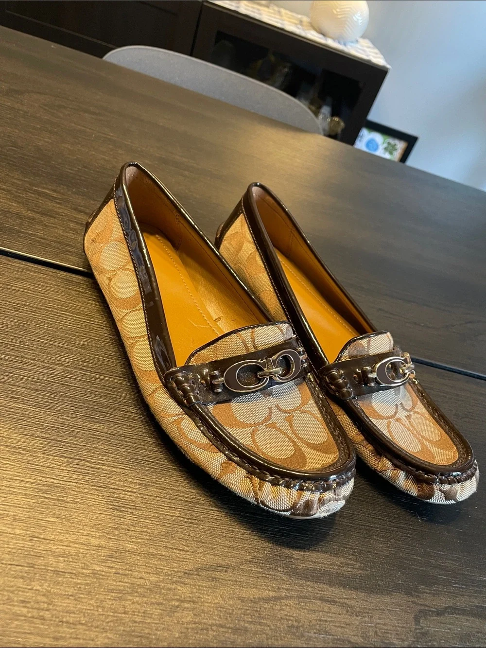 Coach Tan & Brown Signature Canvas Loafers with Metal Bit