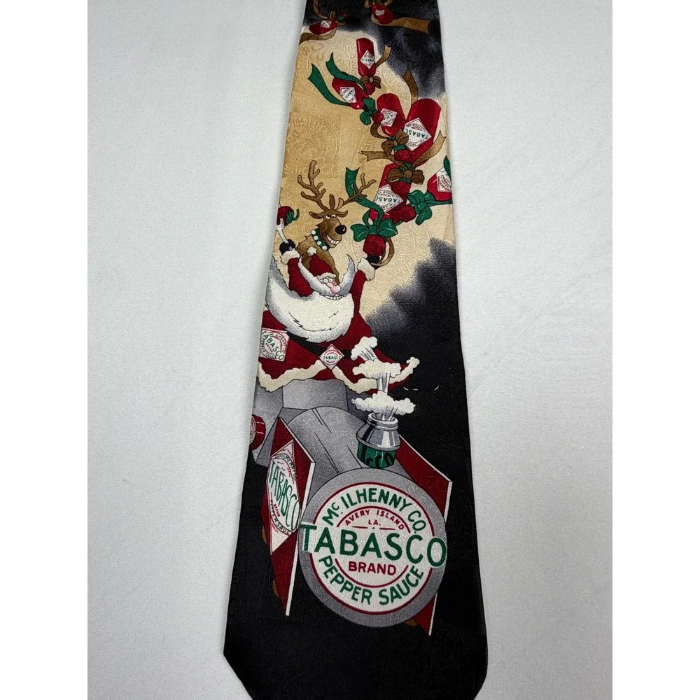 Tabasco Vintage Santa Reindeer Christmas Silk Necktie McIlhenny Co Pepper Sauce