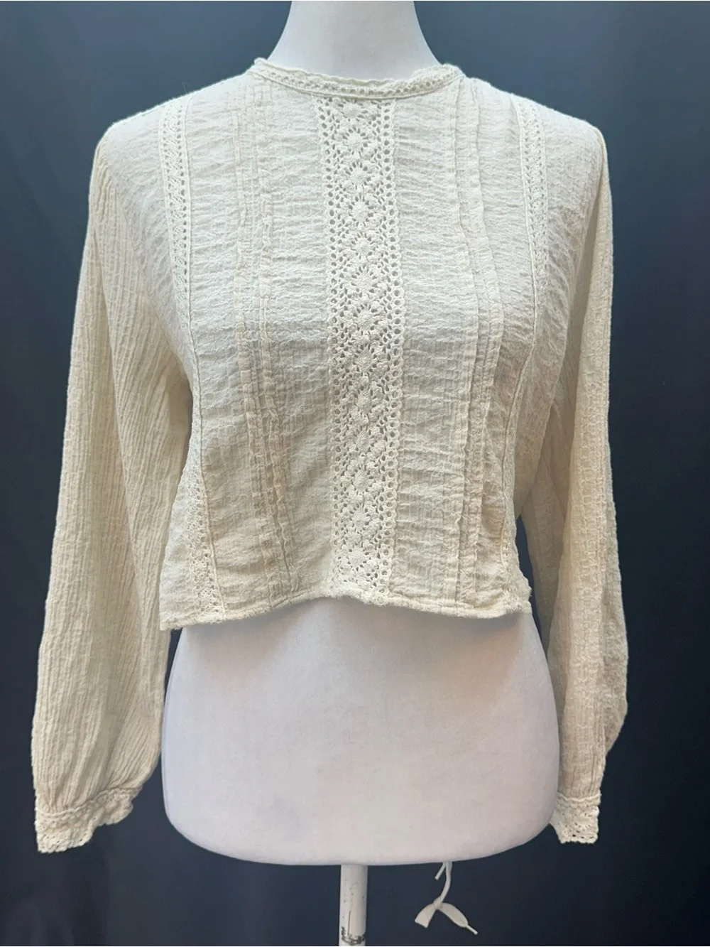 Zara Cream Crochet-Trim Long Sleeve Blouse M