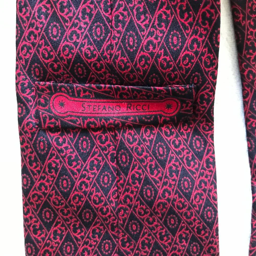 STEFANO RICCI RED geometric floral scroll pattern silk tie made in Italy