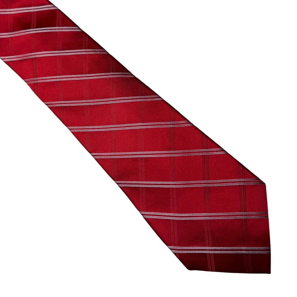 Tommy Hilfiger Mens Red Plaid Striped Silk Blend Necktie Classic Preppy‎ Tie