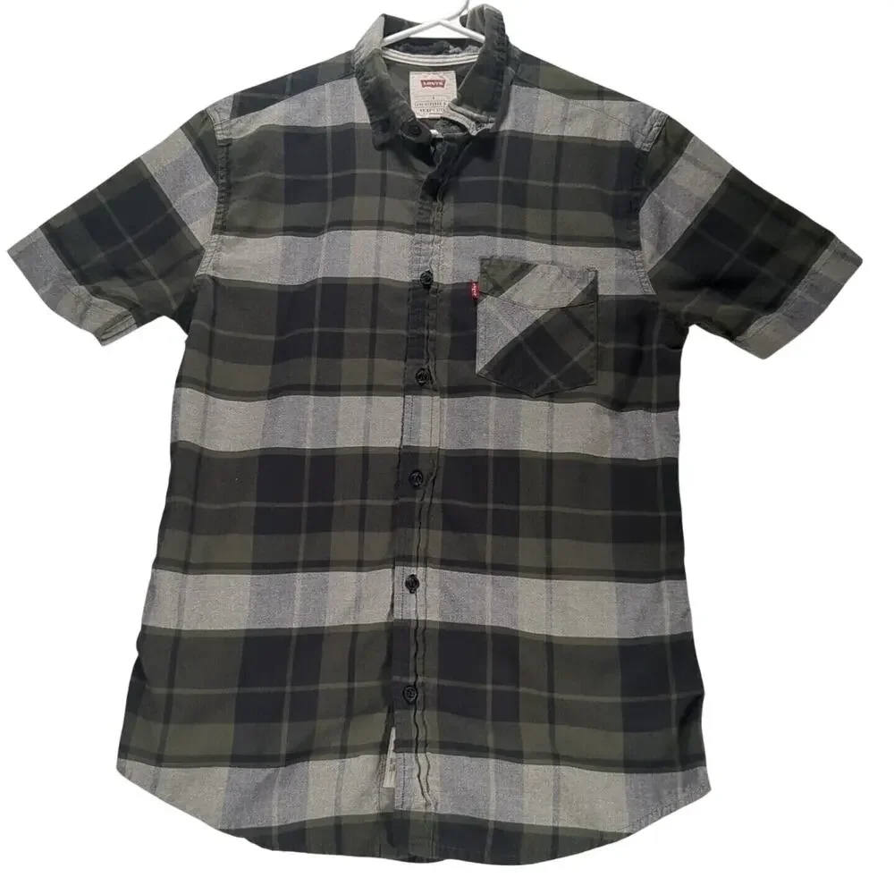 Levis Mens Small Green/Black/White Plaid Button‎ Up Short Sleeve Shirt Vintage