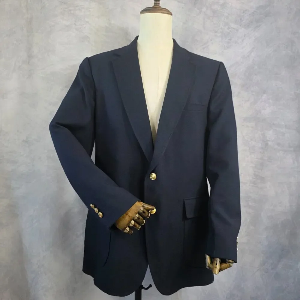 Vintage Perma-Prest Blazer Mens 46 Long Navy Gold Buttons USA Classic Collection