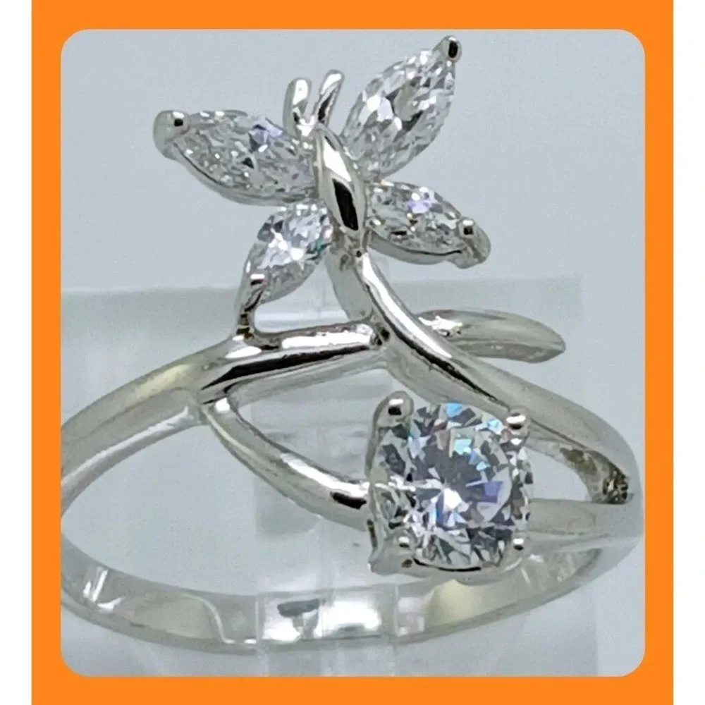 Vintage 1990s‎ Butterfly Bypass Ring Silver Tone Marquise Round Stones Size 7.5