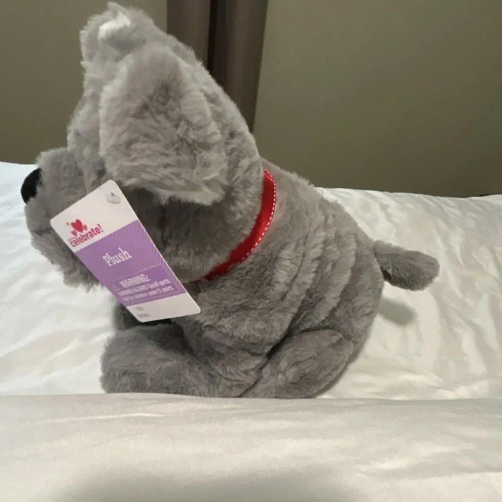 Celebrate Gray Bulldog Plush Doll Red Collar Washable Small 2018 MPN 356345