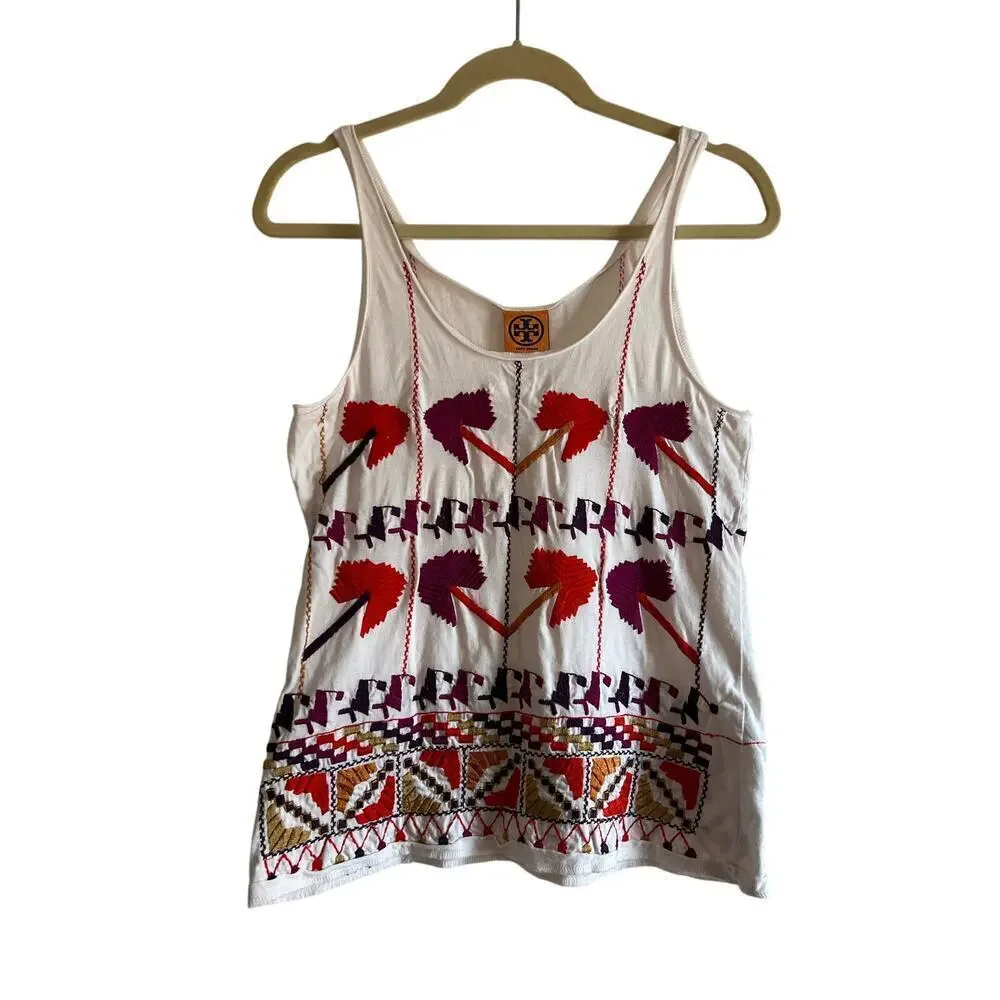 Tory Burch White Embroidered Flower Cotton Tank Sz S