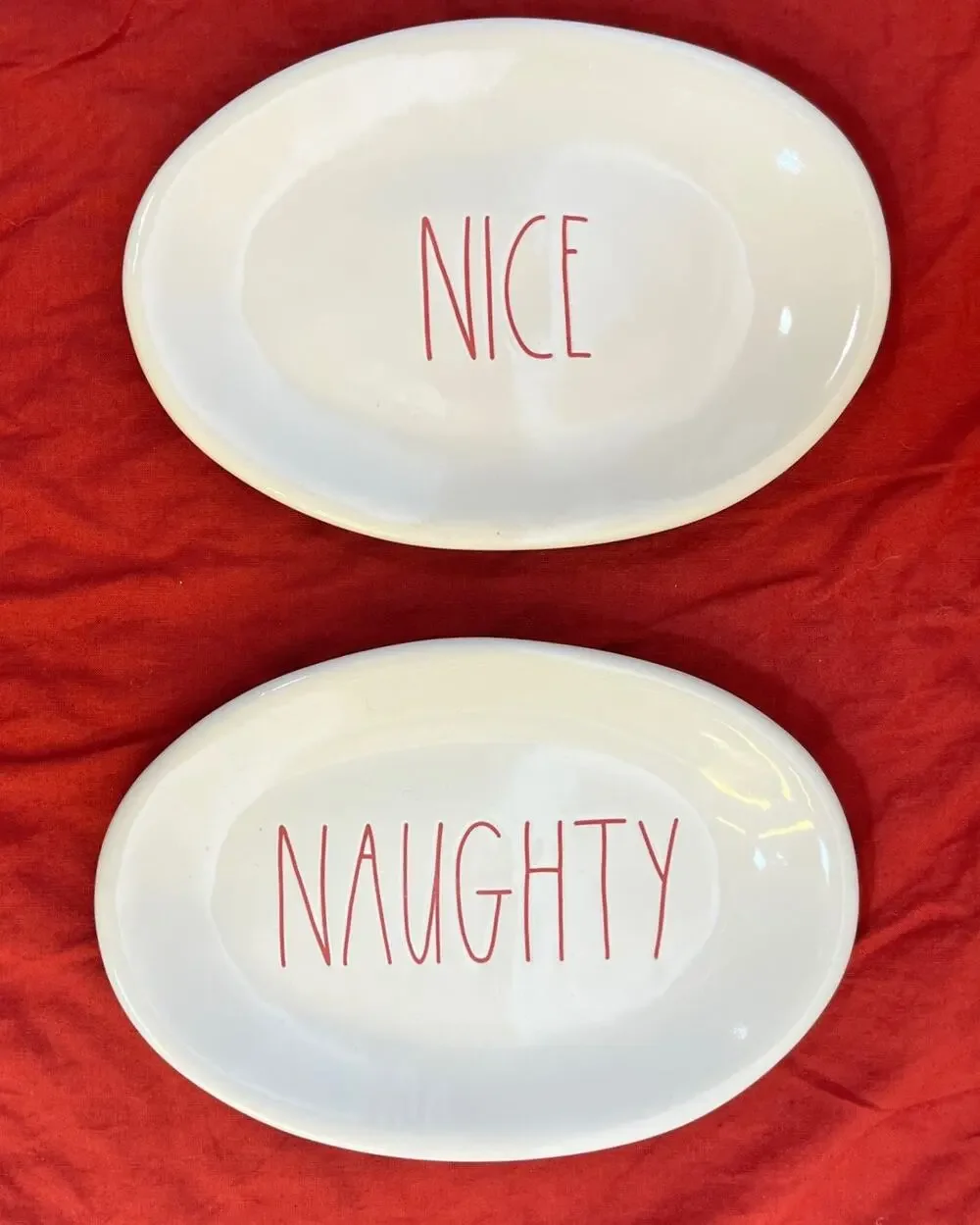 Rae Dunn Artisan Magenta NAUGHTY NICE 8” Oval Ceramic Plates Christmas Set Of 2