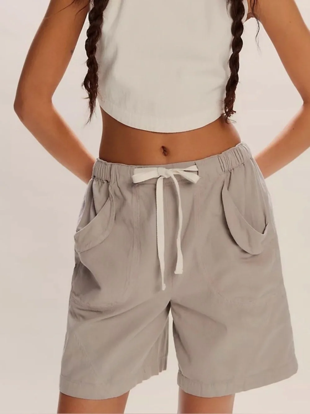 Free People Free- Est Small Gray Cotton Bermuda Shorts Elastic Waist Boho Casual