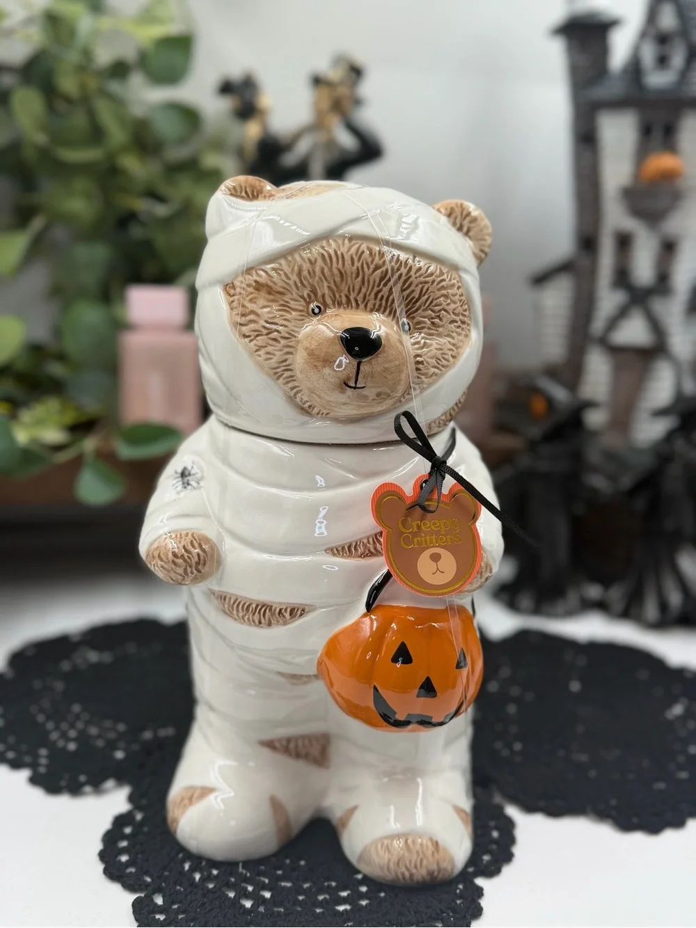 Creepy Critters Mummy Teddy Bear Halloween Cookie Jar Pumpkin Viral NWT