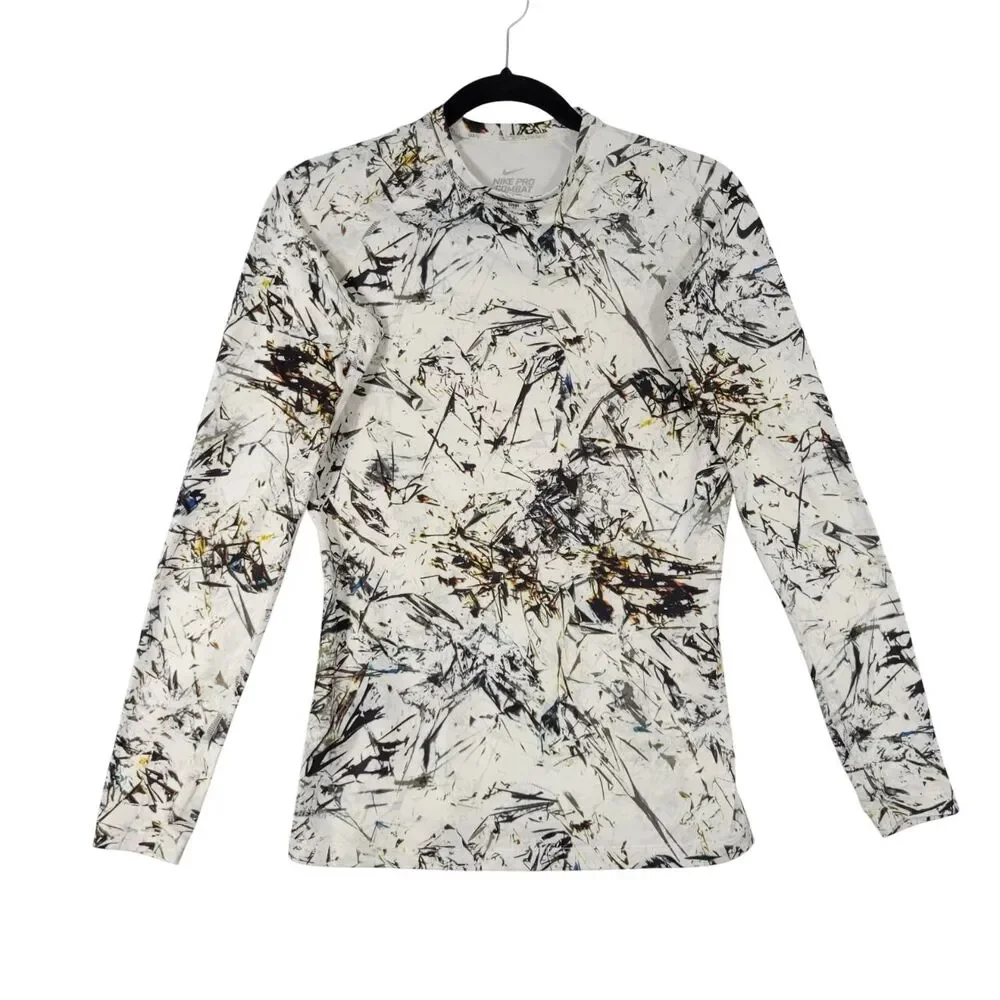 NIKE PRO COMBAT White Abstract Winter Camo Fitted Dri Fit Top SIZE MEDIUM