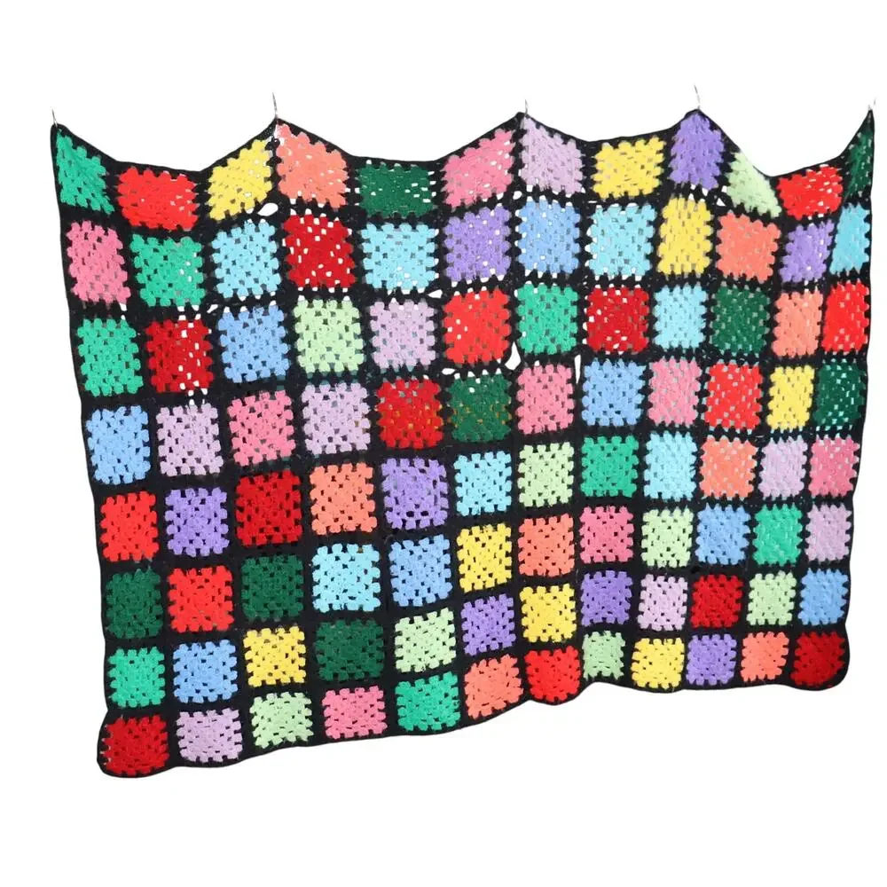 Vintage Granny Square‎ Crochet Blanket 55x40 Black Multicolor