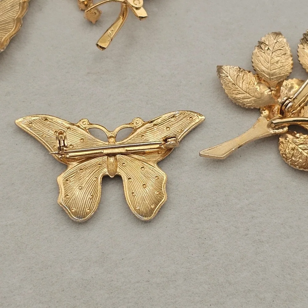 Vintage Rhinestone Brooch Lot Gold Tone Butterfly Leaf Nature Botanical 5pc