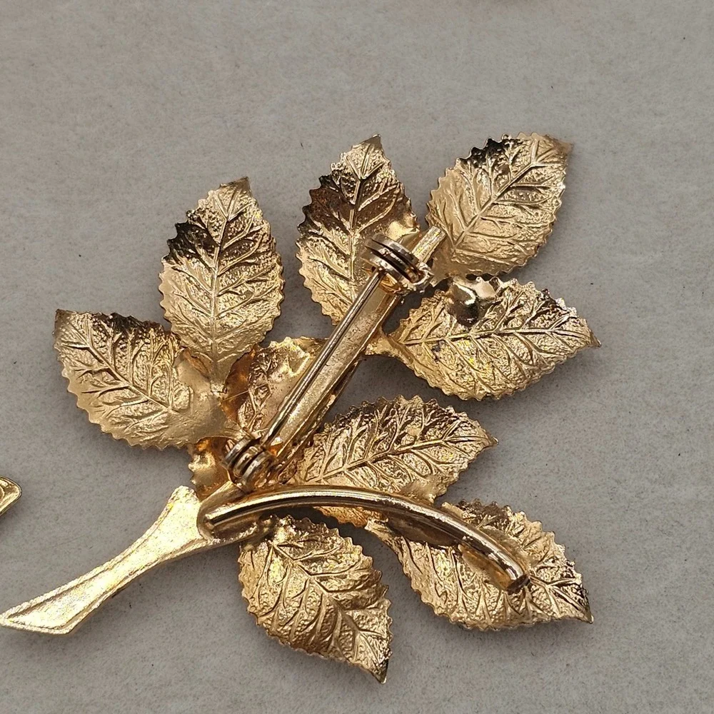 Vintage Rhinestone Brooch Lot Gold Tone Butterfly Leaf Nature Botanical 5pc