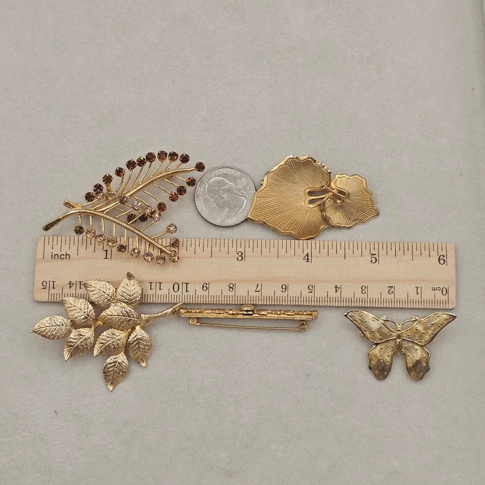 Vintage Rhinestone Brooch Lot Gold Tone Butterfly Leaf Nature Botanical 5pc