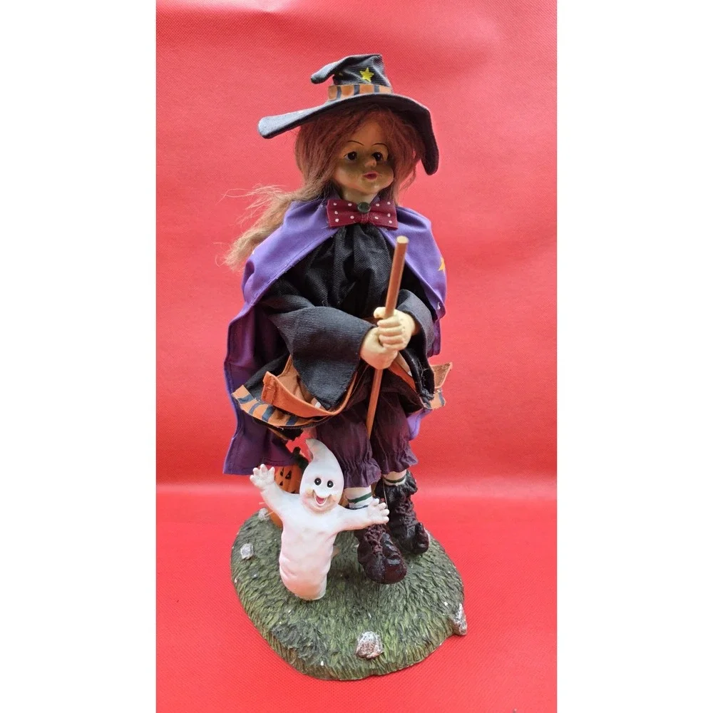 Vtg‎ Halloween Witch Ghost Pumpkin Jack-o'-lantern Figurine Resin & Paper-mâché