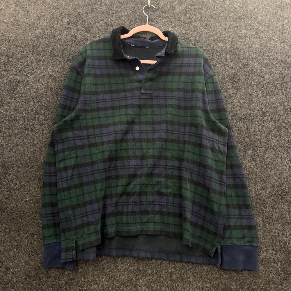 Vintage 90s J Crew Black Watch Plaid Rugby Polo Shirt Mens XL Green Navy Blue