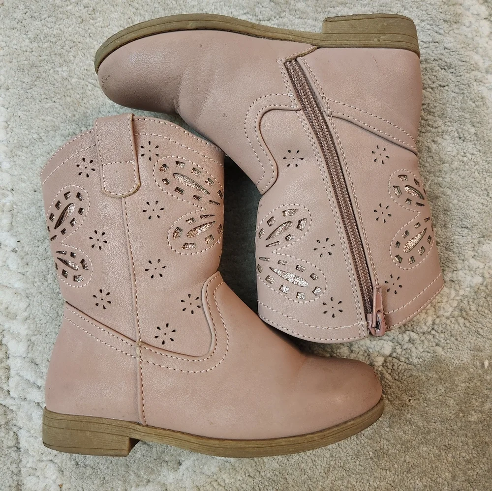 Girls Size 10 Rachel Shoes Pink Cowboy  Boots Butterfly Detail Glitter Zippers