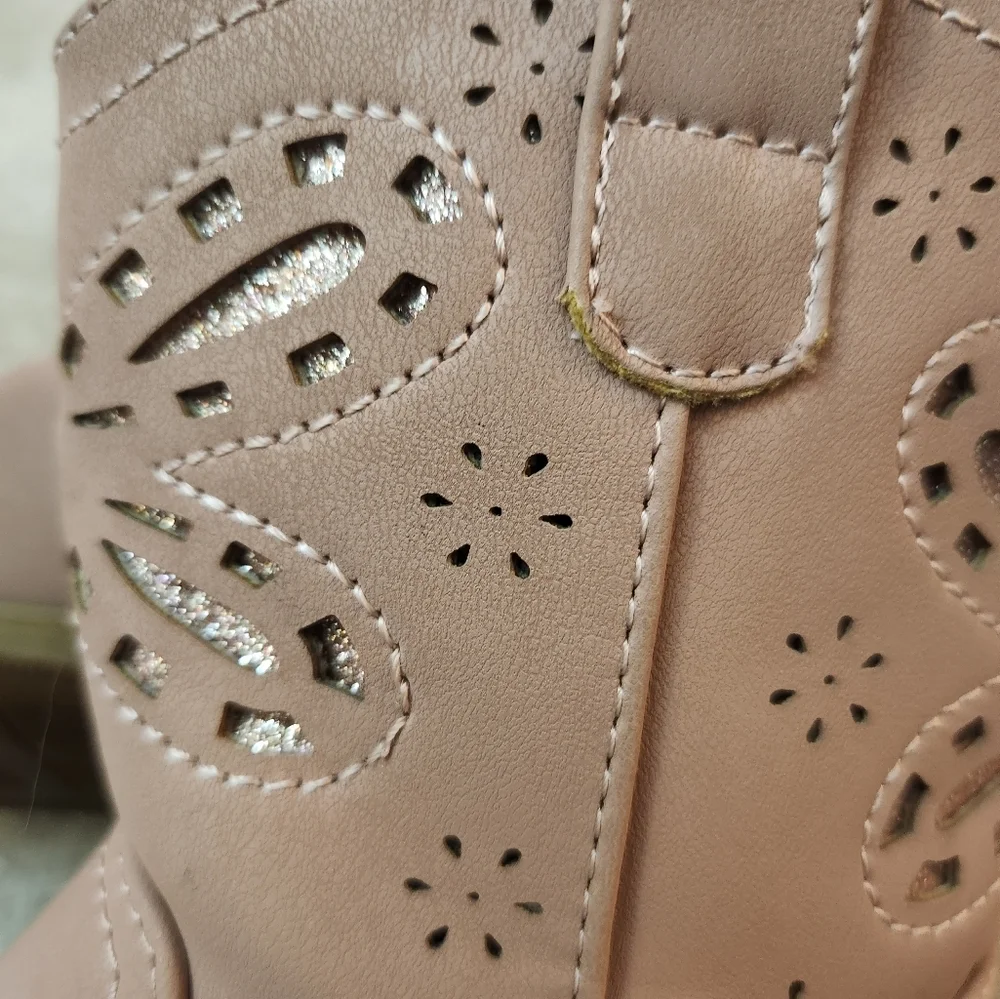 Girls Size 10 Rachel Shoes Pink Cowboy  Boots Butterfly Detail Glitter Zippers