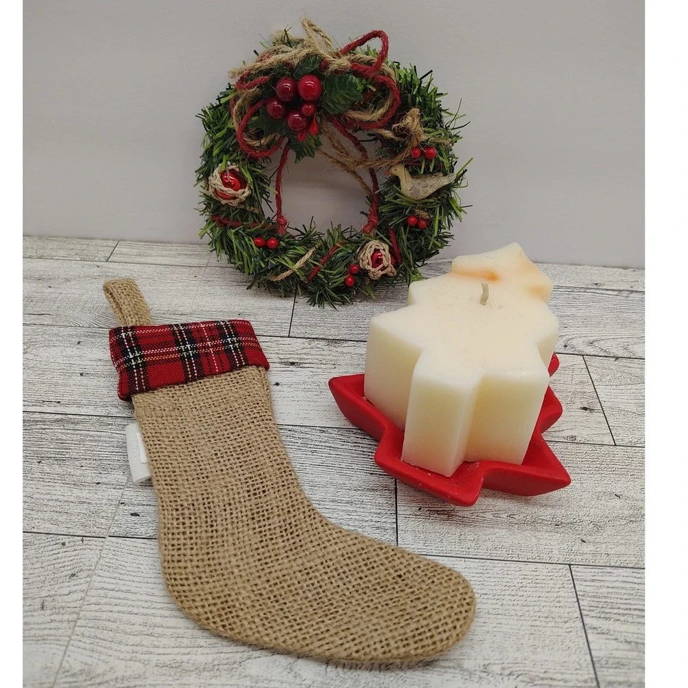 Rustic Christmas Bundle‎ of Chesapeake Bay Candle, Burlap Stocking, Mini Wreath